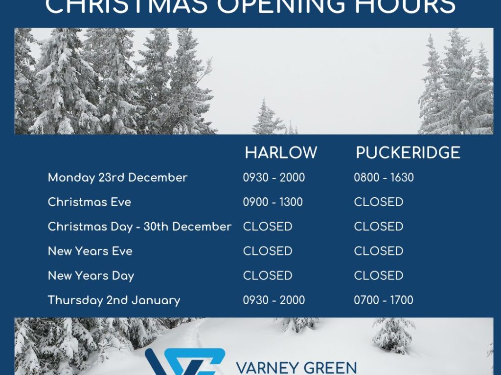 A picture of a snowy tree scene with a blue banner with the opening dates and times of the harlow and puckeridge clinics HARLOW Monday 23rd December 0930 - 2000 Christmas Eve December 0900 - 1300 Christmas Day - New Years Day CLOSED Thursday 2nd January 0930 - 2000 PUCKERIDGE Monday 23rd December 0800 – 1630 Christmas Eve - New Years Day CLOSED Thursday 2nd January 0930 - 2000